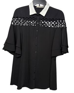 Anne Fontaine Button Up Blouse Size 44 (US 12) Eyelet Cut Outs Luxury Paris